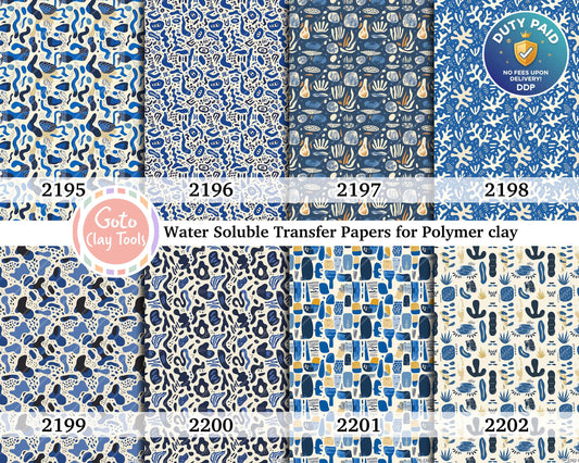 Water soluble Transfer paper for polymer clay, Blue Matisse pattern, polymer clay image transfers, magic transfer paper