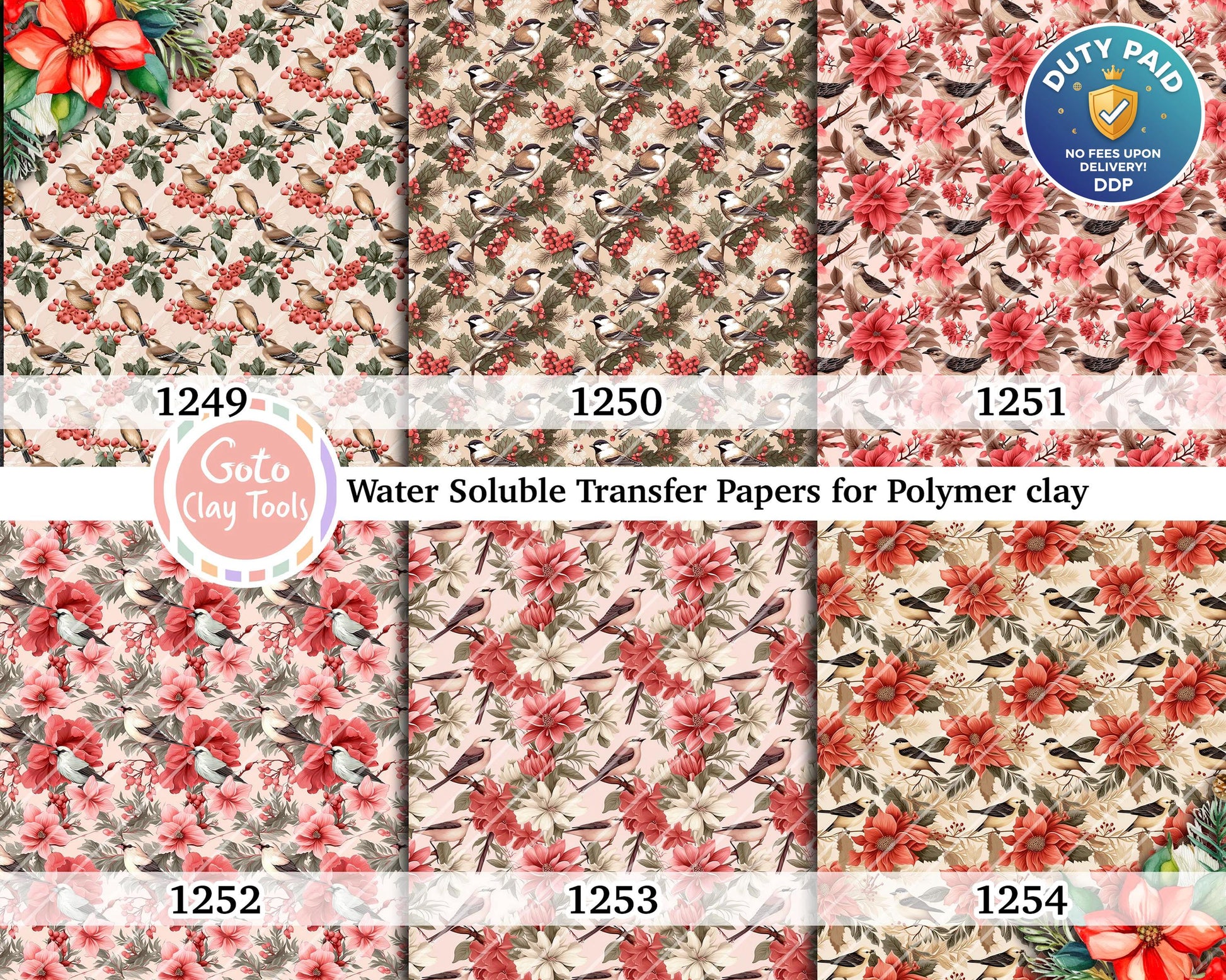 Christmas Bird Polymer Clay Image Transfers: Water Soluble Paper (4x5.5 inches)