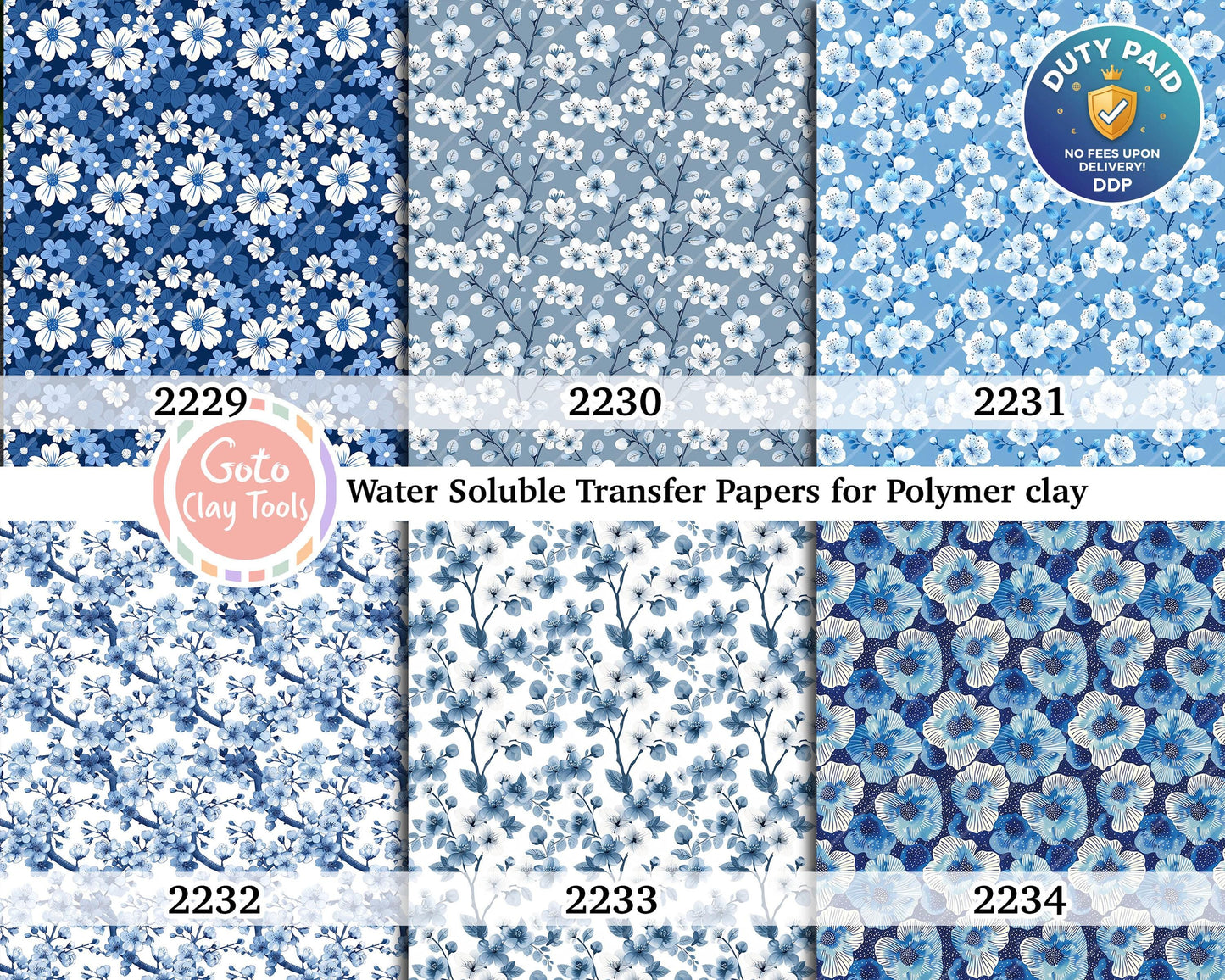 Water soluble Transfer paper for polymer clay, Blue floral pattern, polymer clay image transfers, magic transfer paper