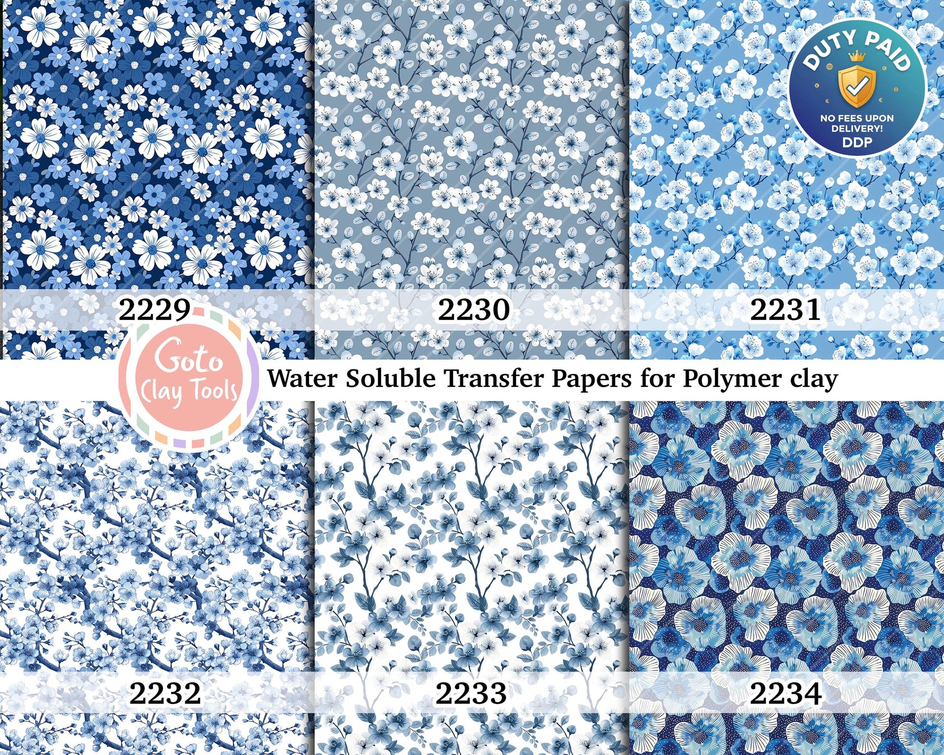 Water soluble Transfer paper for polymer clay, Blue floral pattern, polymer clay image transfers, magic transfer paper