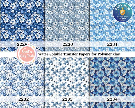 Water soluble Transfer paper for polymer clay, Blue floral pattern, polymer clay image transfers, magic transfer paper