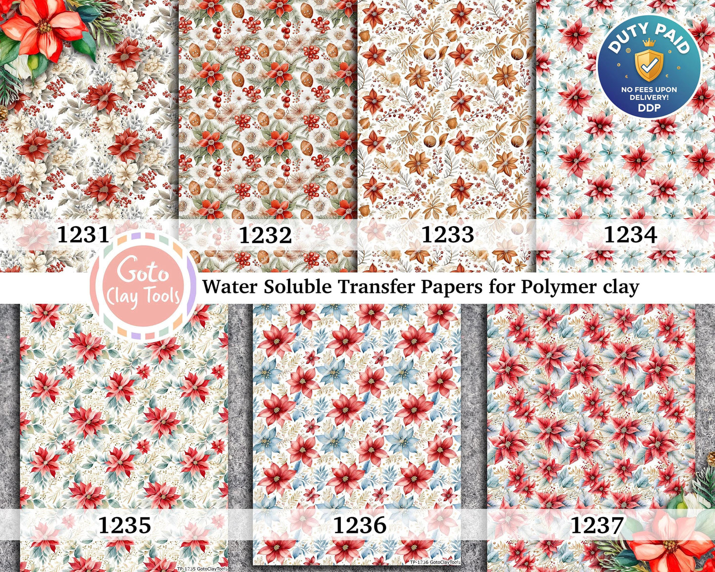Christmas floral Water soluble Transfer paper for polymer clay, Colorful flower patterns, polymer clay image transfers, magic transfer paper
