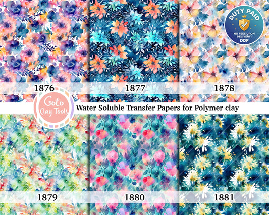 Blue floral Water soluble Transfer paper for polymer clay, Colorful watercolor flower, polymer clay image transfers, magic transfer paper