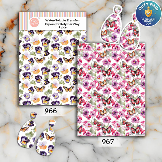 Water soluble Transfer paper for polymer clay, Butterfly and pansy flower pattern, polymer clay image transfers, magic transfer paper