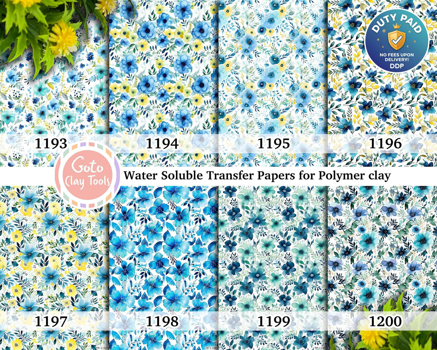 Water soluble Transfer paper for polymer clay, Blue watercolor floral patterns, polymer clay image transfers, magic transfer paper