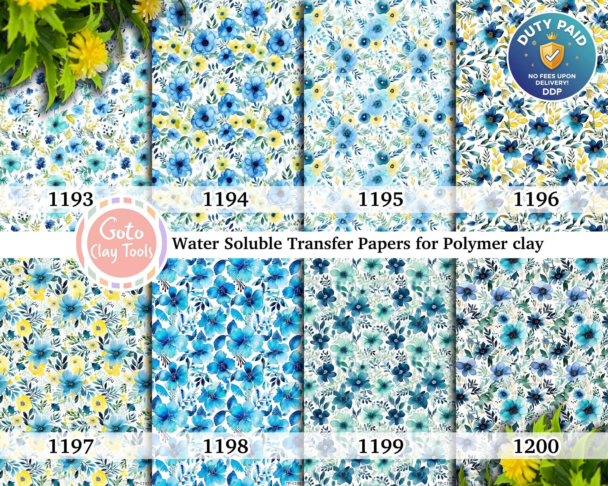 Water soluble Transfer paper for polymer clay, Blue watercolor floral patterns, polymer clay image transfers, magic transfer paper