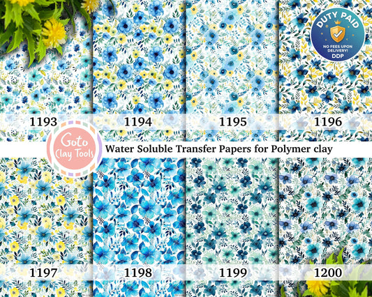Water soluble Transfer paper for polymer clay, Blue watercolor floral patterns, polymer clay image transfers, magic transfer paper