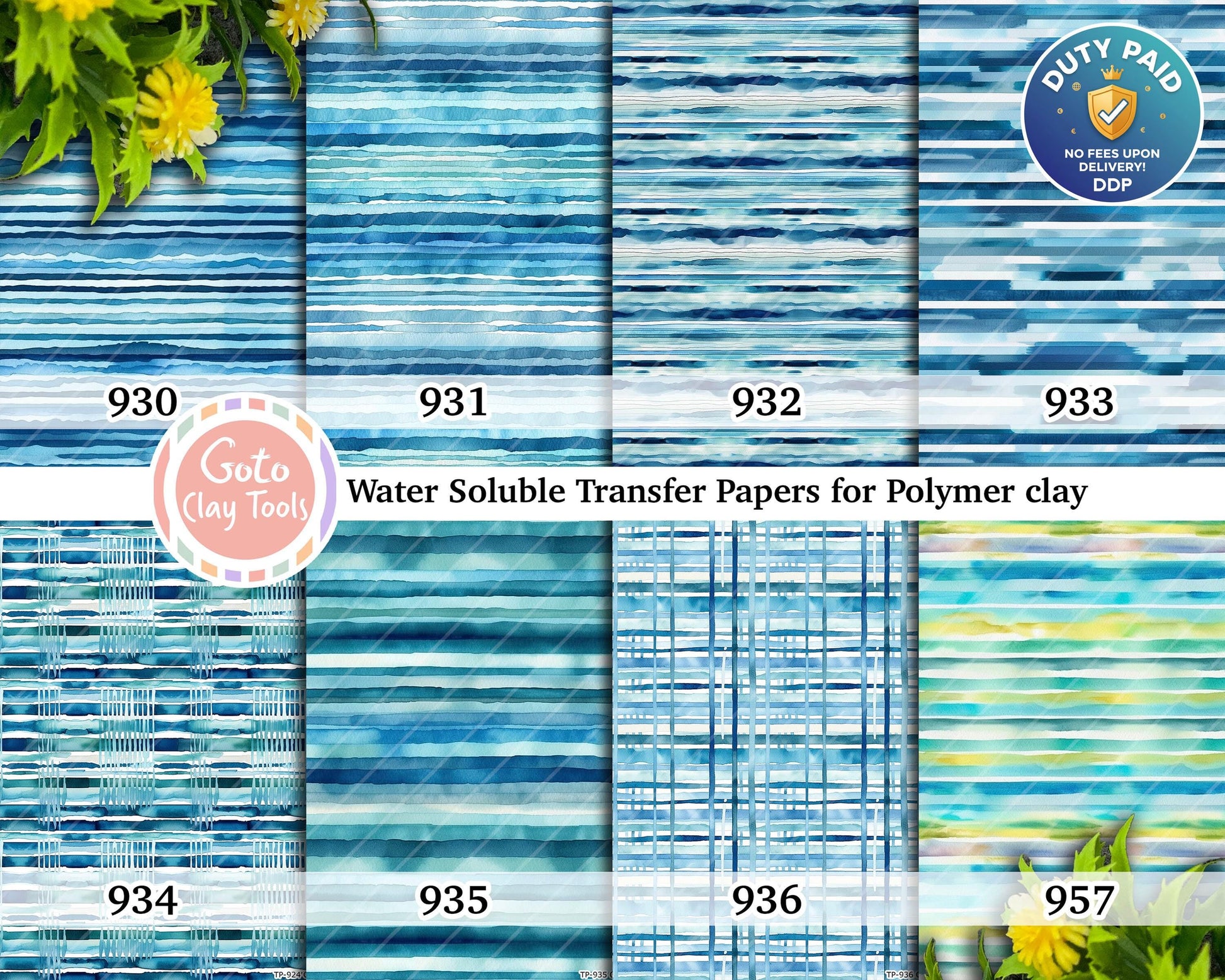 Watercolor Blue Stripes Transfer Paper for Polymer Clay