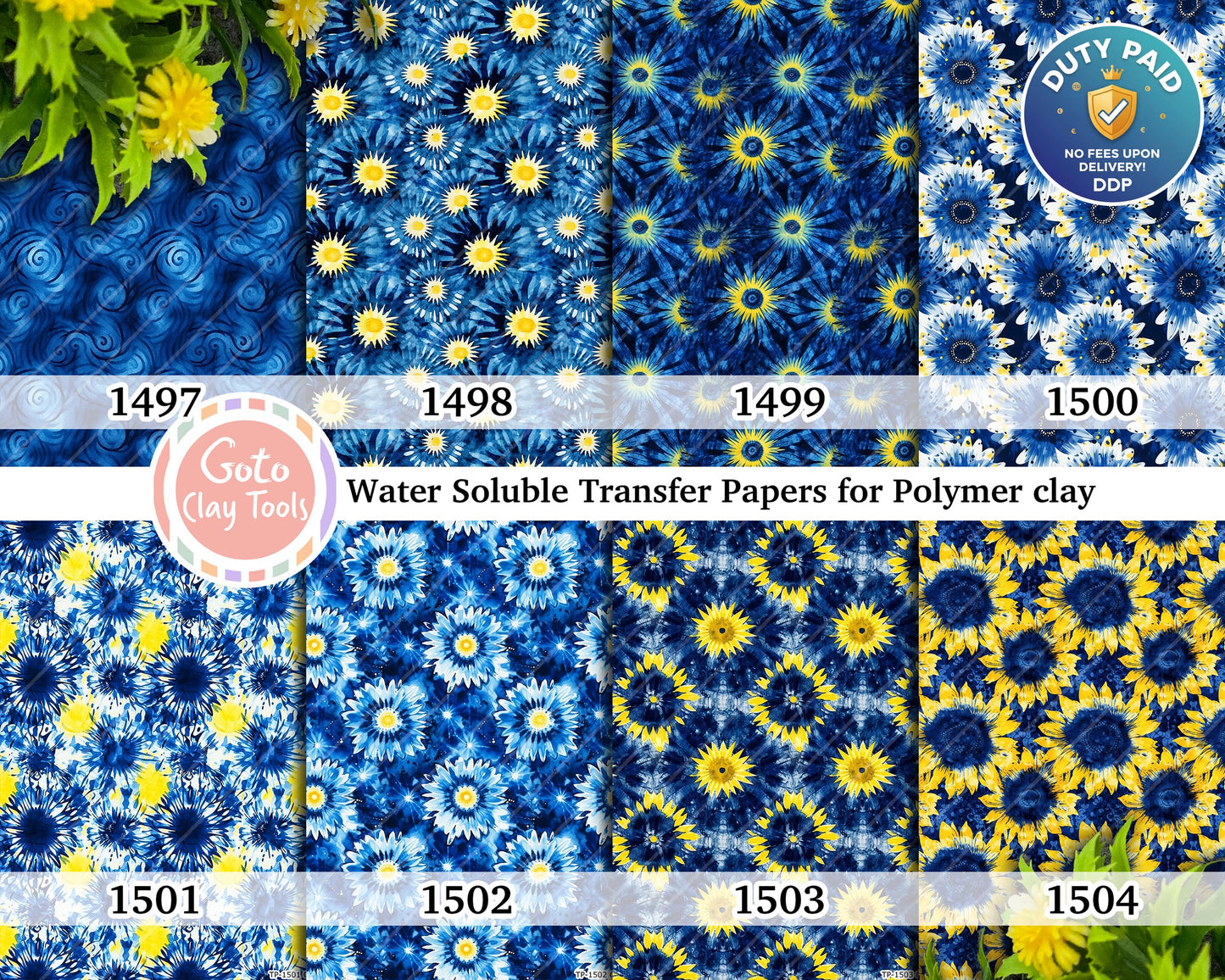 Sunflower Tie Dye Polymer Clay Transfer Paper: Blue & Yellow