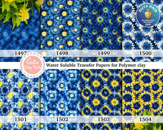 Water soluble Transfer paper for polymer clay, Blue and yellow sunflower tie dye, polymer clay image transfers, magic transfer paper