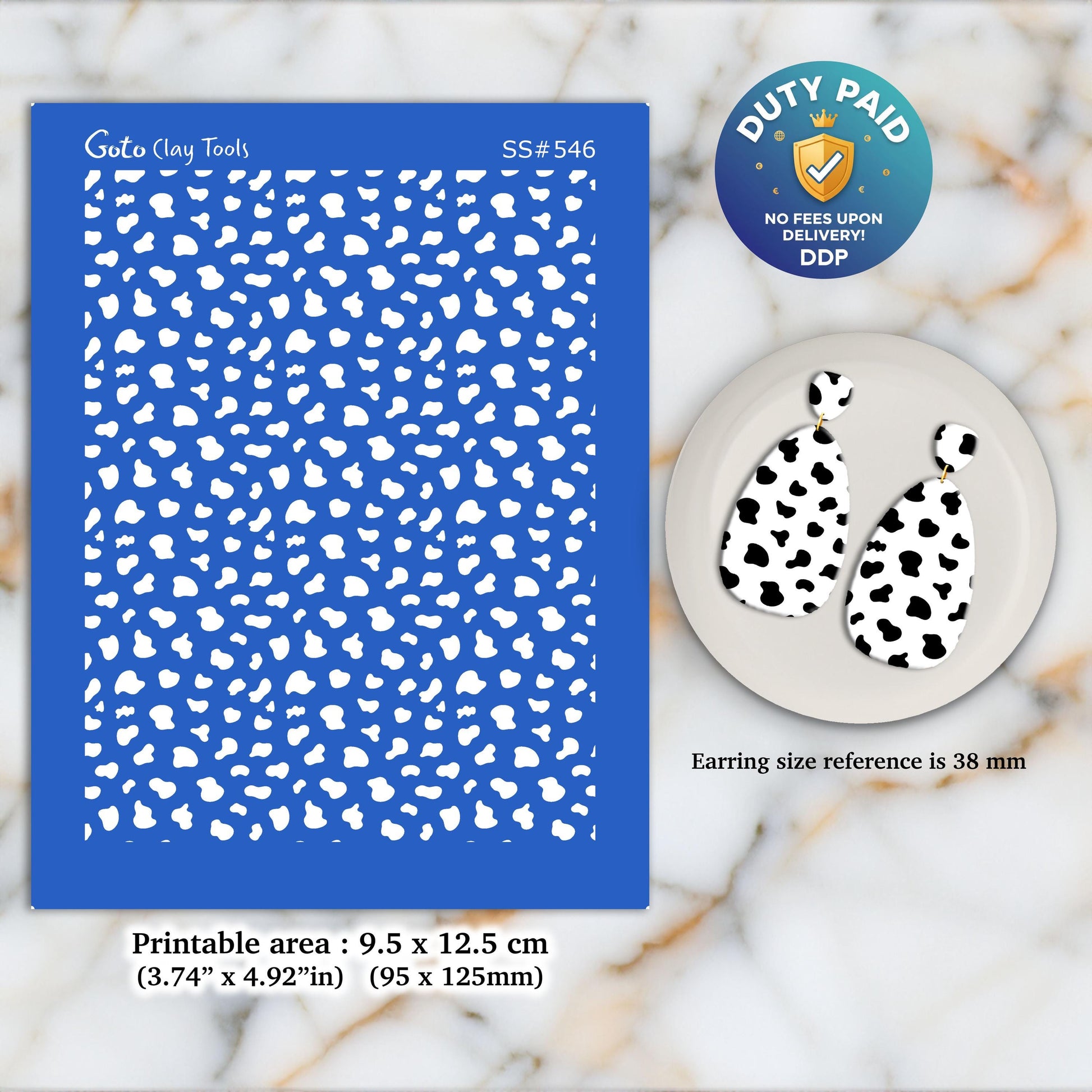 Cow Print Silkscreen for Polymer Clay Earrings: 3.74" x 4.92" SS#546