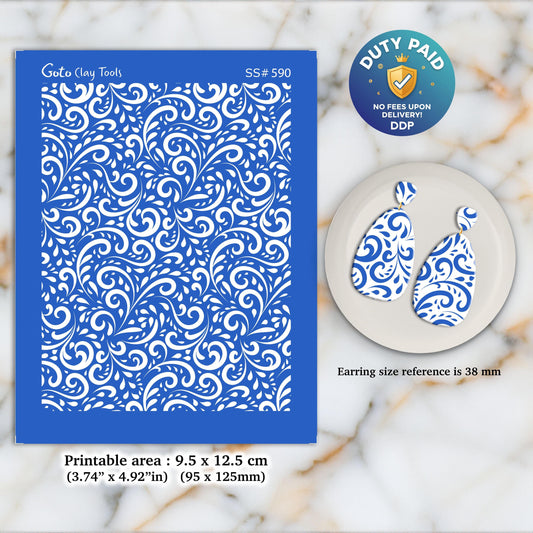 Ornamental Silkscreen for Polymer Clay Earrings: Branch Pattern Stencil SS#590