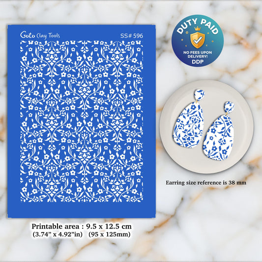 Damask Silkscreen for Polymer Clay Earrings: Stencil for Jewelry Making SS#596