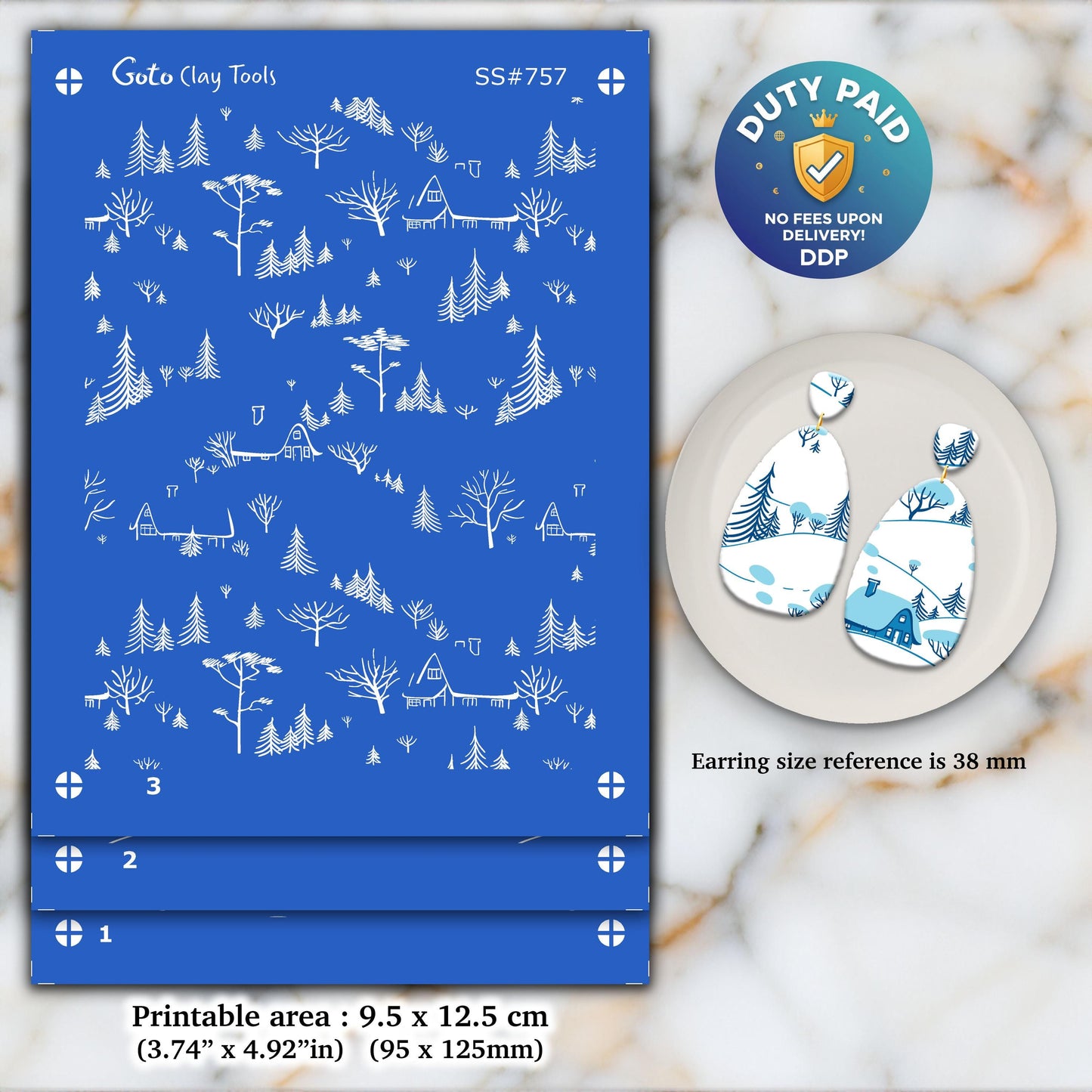 Christmas Snow Hill Silkscreen for Polymer Clay Earrings: 3-Layer Stencil SS#757