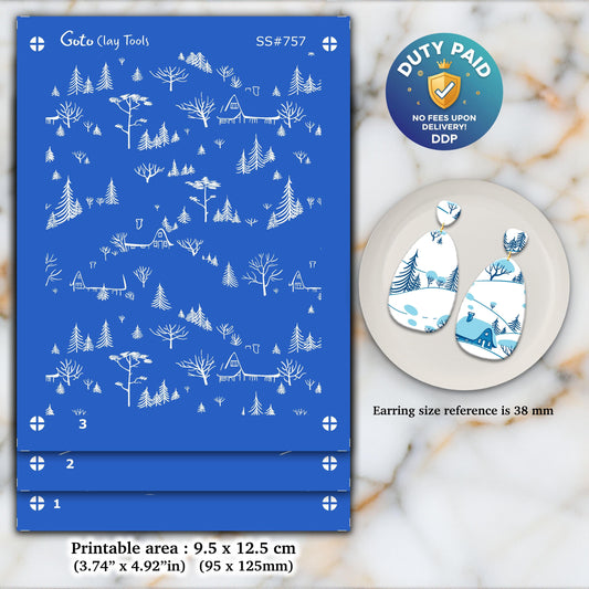 3 Layer Snow hill Christmas Silkscreen for Polymer Clay Earring making, Clay Stencils, Clay Earring Silkscreen, Polymer Clay Supplies SS#757
