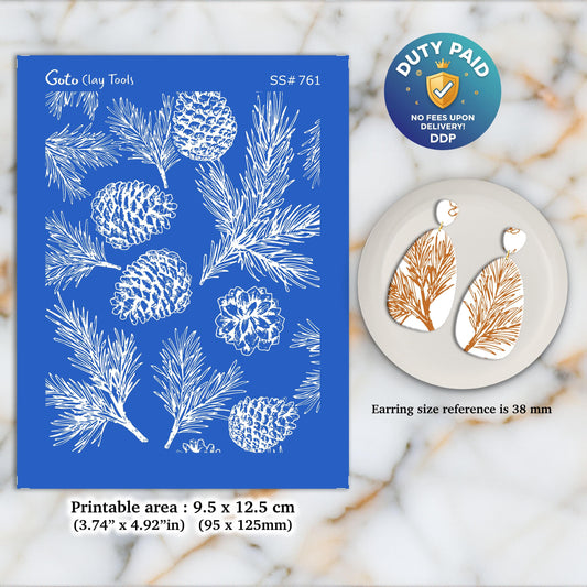 Pine Cone Christmas Silkscreen for Polymer Clay Earring making, Clay Stencils, Clay Earring Silkscreen, Polymer Clay Supplies SS#761