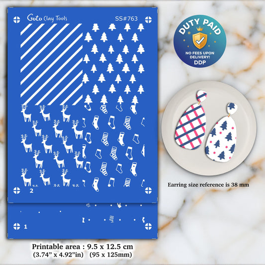 Christmas Silkscreen for Polymer Clay Earrings: 2-Layer Stencil (SS#763