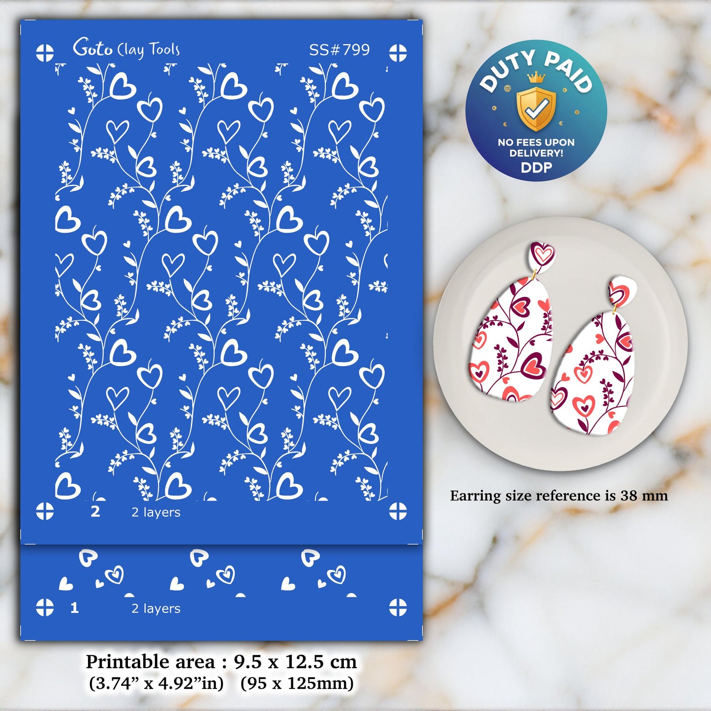 Heart Vine Silkscreen for Polymer Clay Earrings: Valentine's Day Stencil SS#799