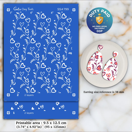 2 Layers Heart vine Silkscreen for Polymer Clay Earring making, Clay Stencils, Clay Earring Silkscreen, Polymer Clay Supplies SS#799