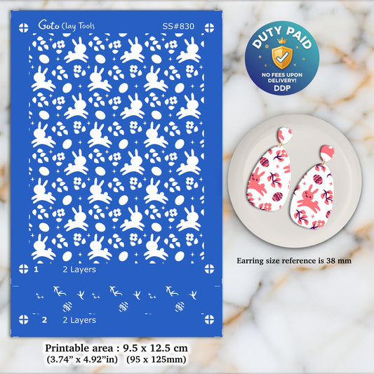 Bunny Silkscreen for Polymer Clay Earrings: 2-Layer Easter Design SS#830