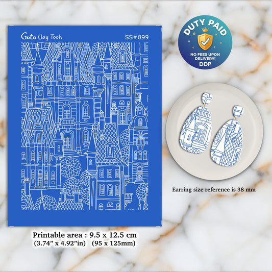 Buildings Silkscreen for Polymer Clay Earring making, Clay Stencils, Clay Earring Silkscreen, Polymer Clay Supplies SS#899
