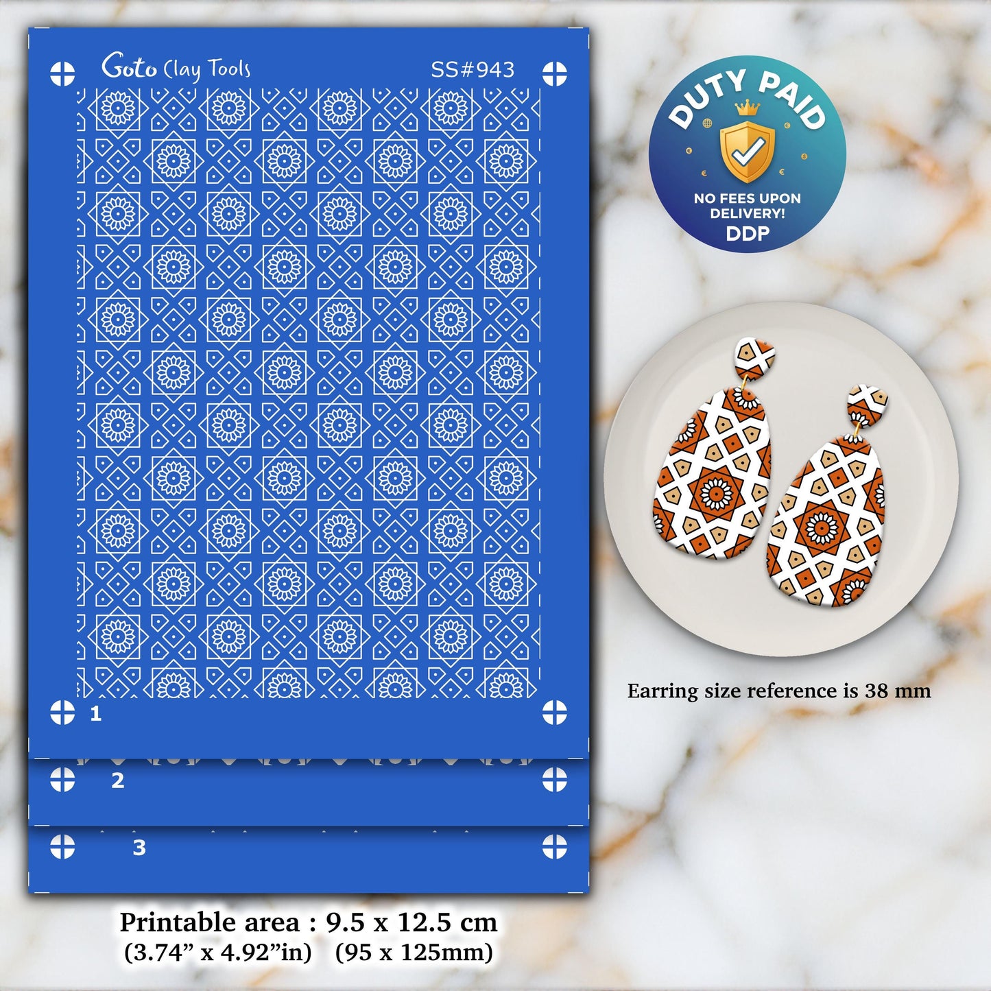 Indian Tile Silkscreen for Polymer Clay Earrings: Clay Stencil (3.74x4.92" Printable Area) SS#943