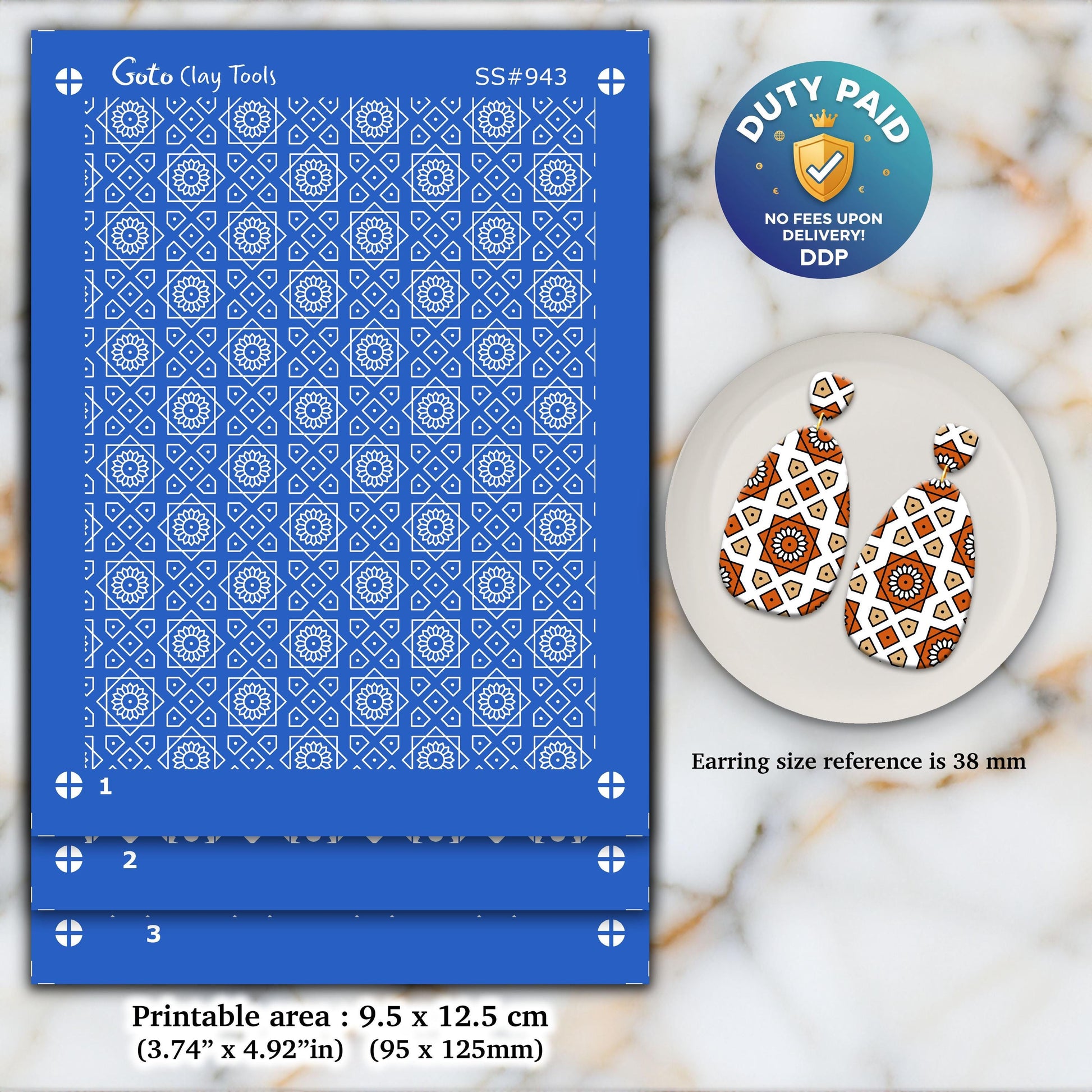 Indian Tile Silkscreen for Polymer Clay Earrings: Clay Stencil (3.74x4.92" Printable Area) SS#943