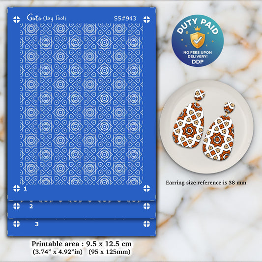 Indian Tile Silkscreen for Polymer Clay Earrings: Clay Stencil (3.74x4.92" Printable Area) SS#943