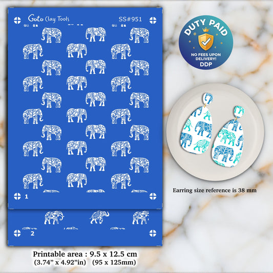 Elephant Silkscreen for Polymer Clay Earrings: Indian Style Stencil (SS#951, 9.5x12.5cm