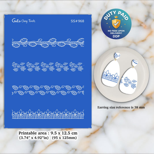 Autumn Border Silkscreen for Polymer Clay Earring making, Clay Stencils, Clay Earring Silkscreen, Polymer Clay Supplies SS#968