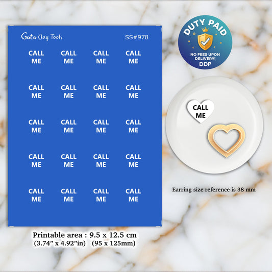CALL ME Silkscreen with heart cutter for Polymer Clay Earring making, Clay Stencils, Clay Earring Silkscreen, Polymer Clay Supplies SS#978
