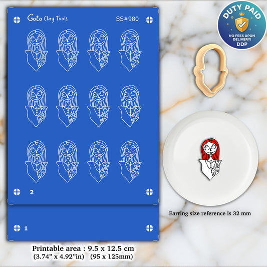 Halloween Sally Silkscreen for Polymer Clay Earring making, Clay Stencils, Clay Earring Silkscreen, Polymer Clay Supplies SS#980