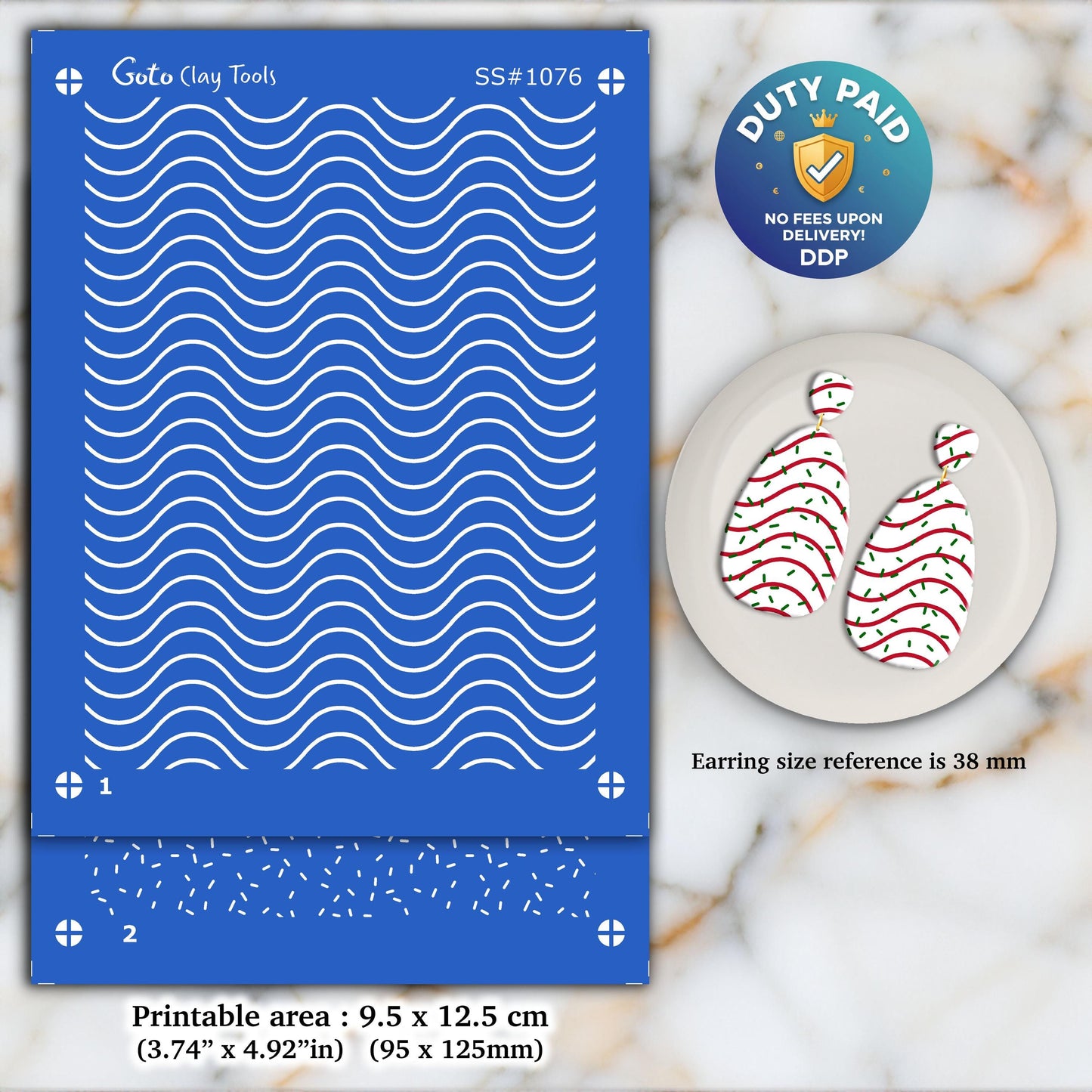 Waves and Leaves Silkscreen for Polymer Clay Earrings: Clay Stencil (3.74x4.92" Printable Area) SS#1076