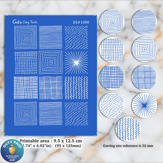 9 Abstract pattern Silkscreen for Polymer Clay Earring making, Clay Stencils, Clay Earring Silkscreen, Polymer Clay Supplies SS#1098
