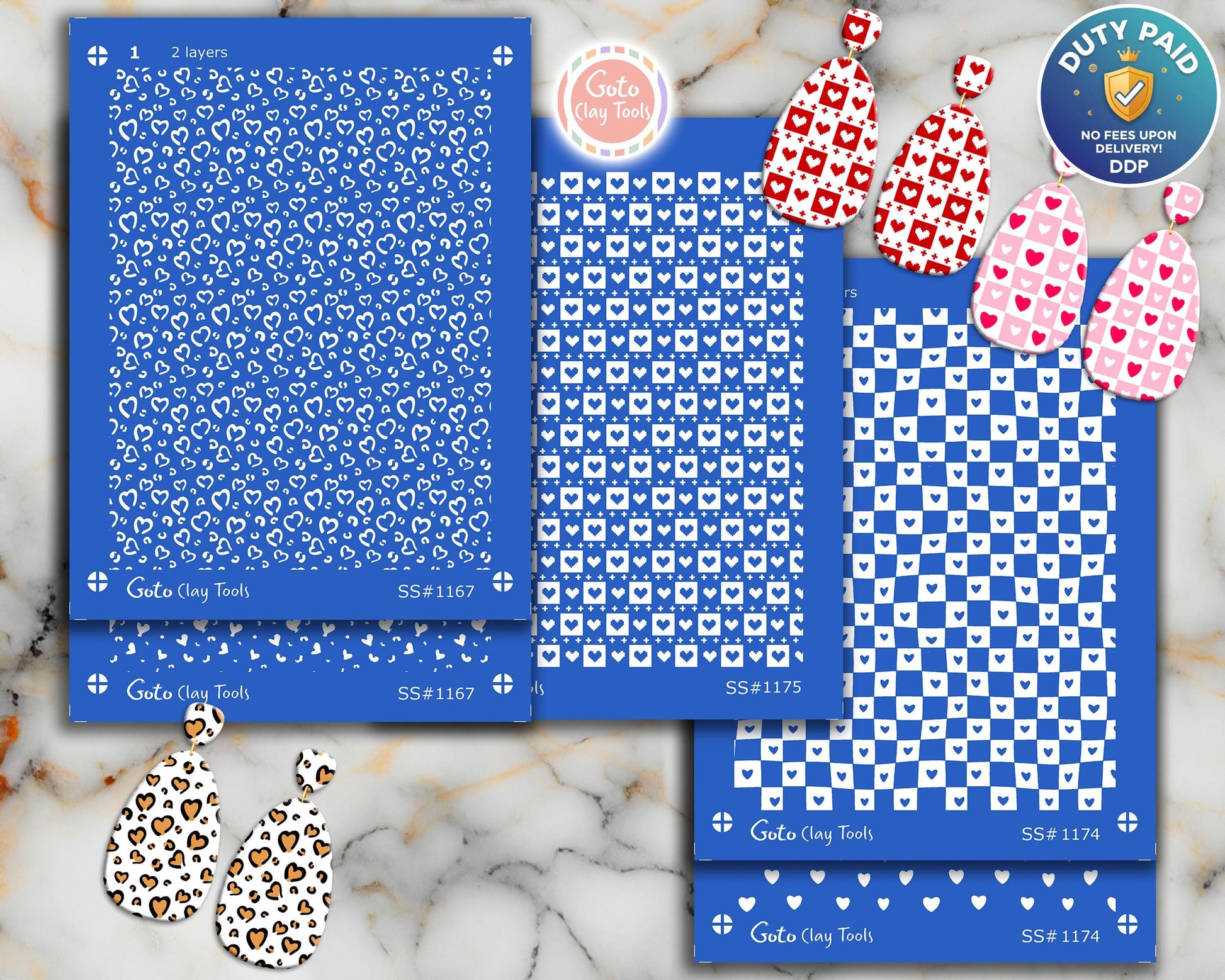 Checkered Heart Polymer Clay Silkscreen for Earring Making