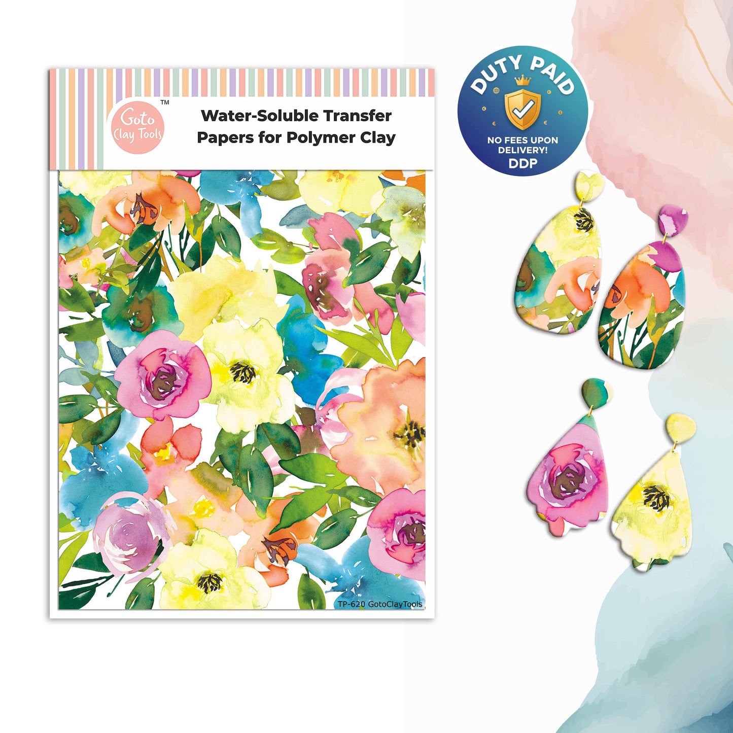 Watercolor Flowers Transfer Paper for Polymer Clay (4x5.5 inch) #620