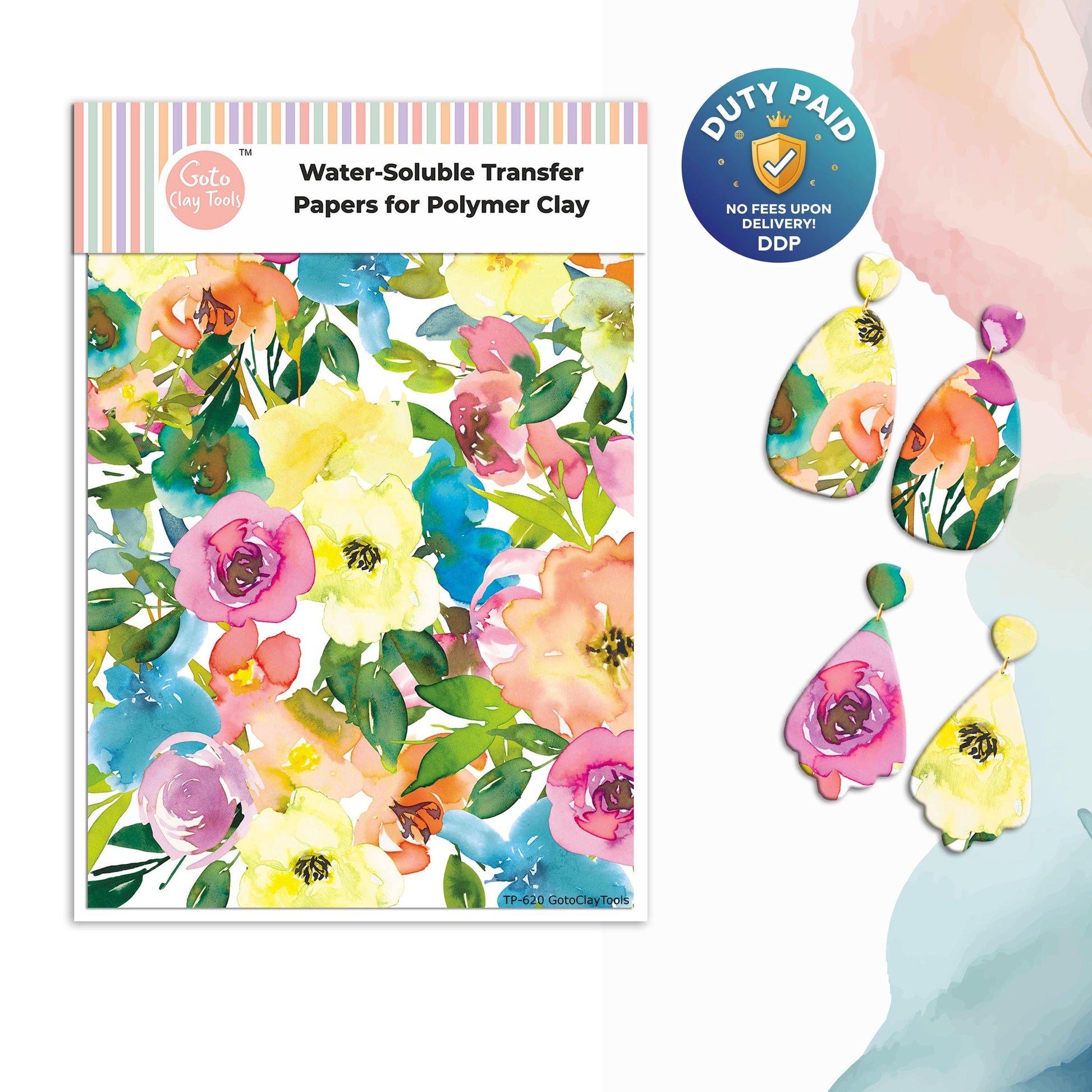 Watercolor Flowers Transfer Paper for Polymer Clay (4x5.5 inch) #620