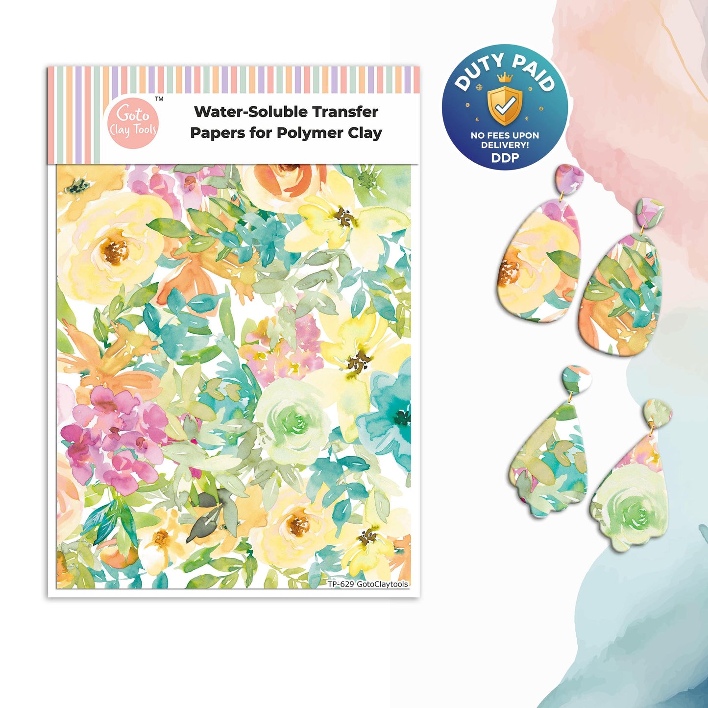 Watercolor Flowers Transfer Paper for Polymer Clay (4x5.5 inches) #629