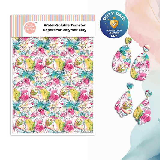 Watercolor Flower Transfer Paper for Polymer Clay (4x5.5 inches) #799