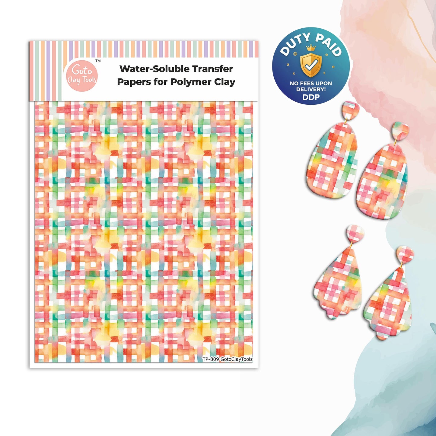 Watercolor Plaids Transfer Paper for Polymer Clay (4x5.5 inches) #809