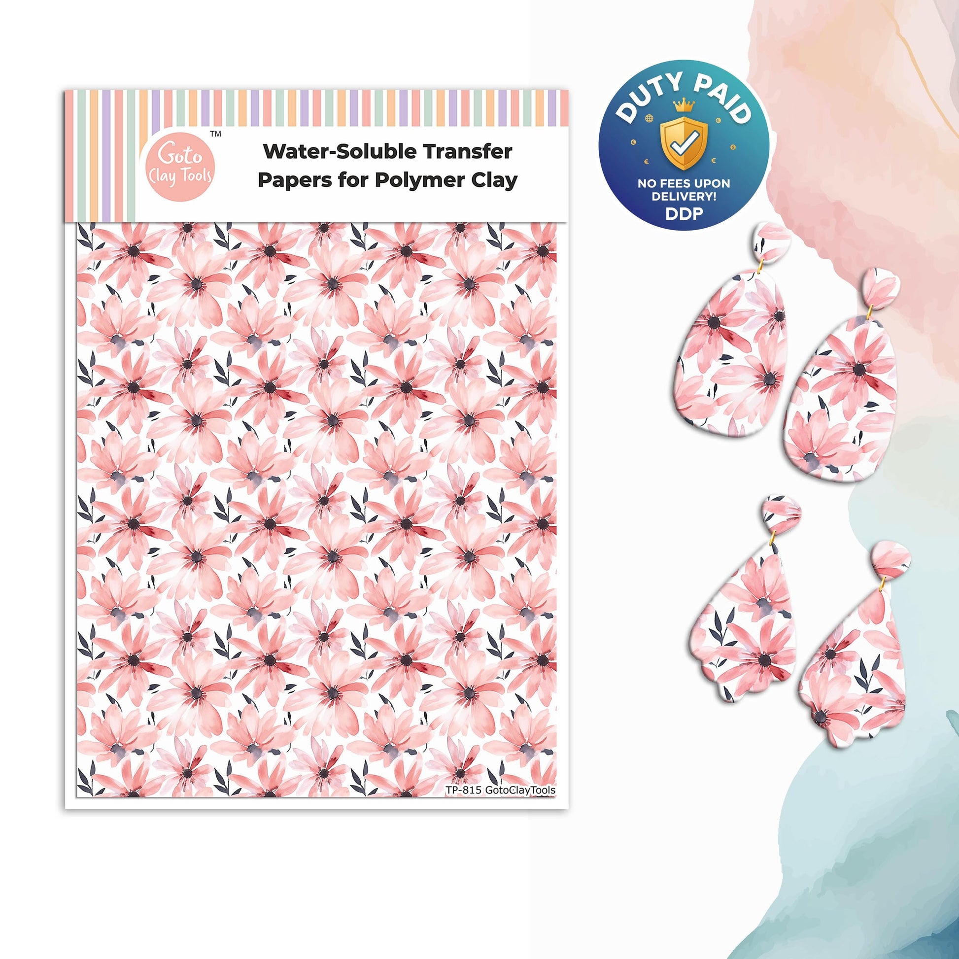 Watercolor Flower Transfer Paper for Polymer Clay (4x5.5 inches) #815