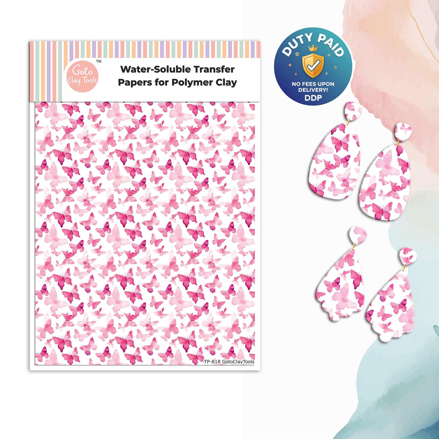 Polymer Clay Transfer Paper: Pink Watercolor Butterfly (4x5.5 inches) #818