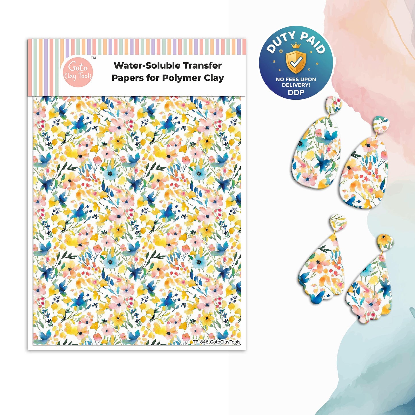 Watercolor Flower Transfer Paper for Polymer Clay (4x5.5 inches) #846