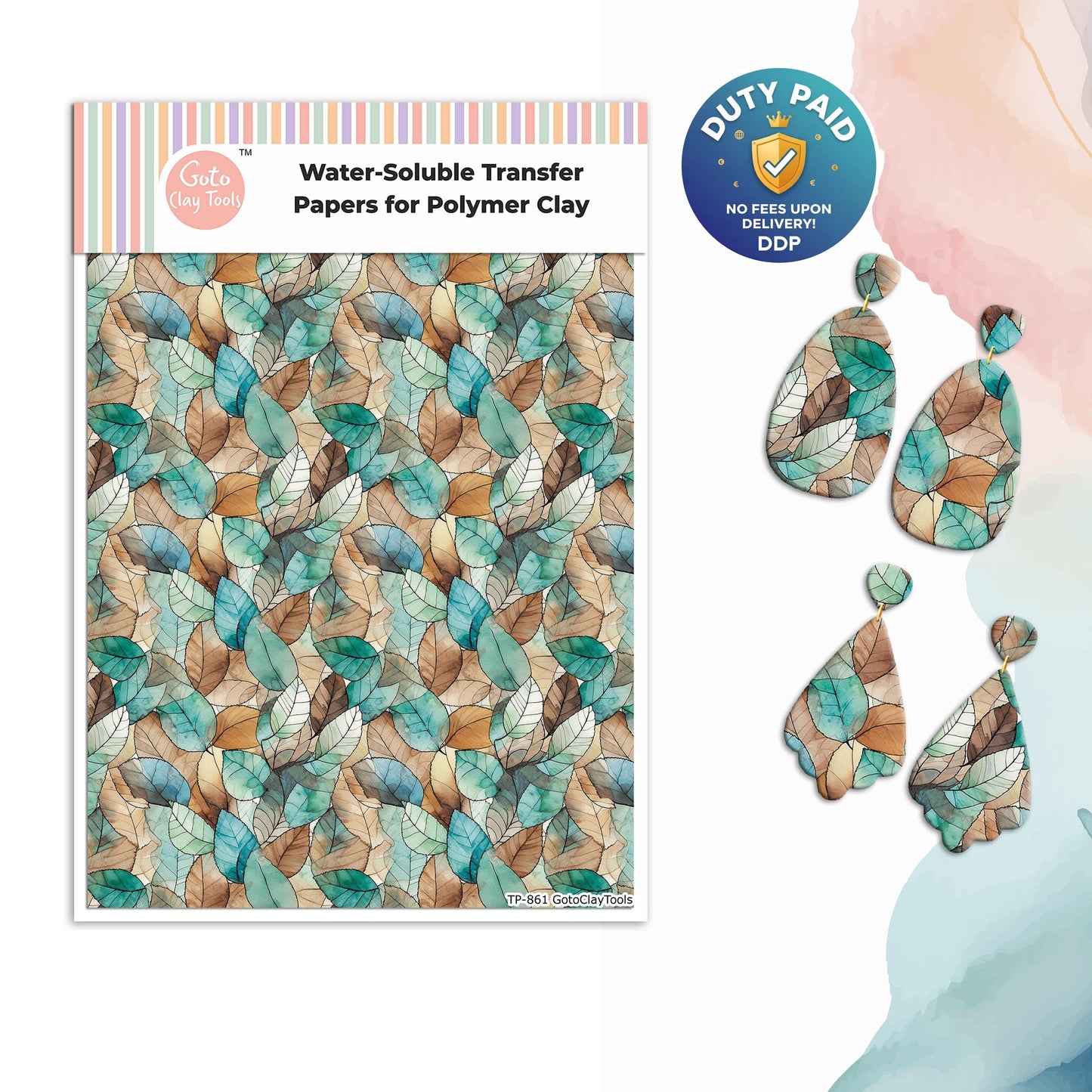 Watercolor Leaves Transfer Paper for Polymer Clay: Water Soluble, 4x5.5" #861