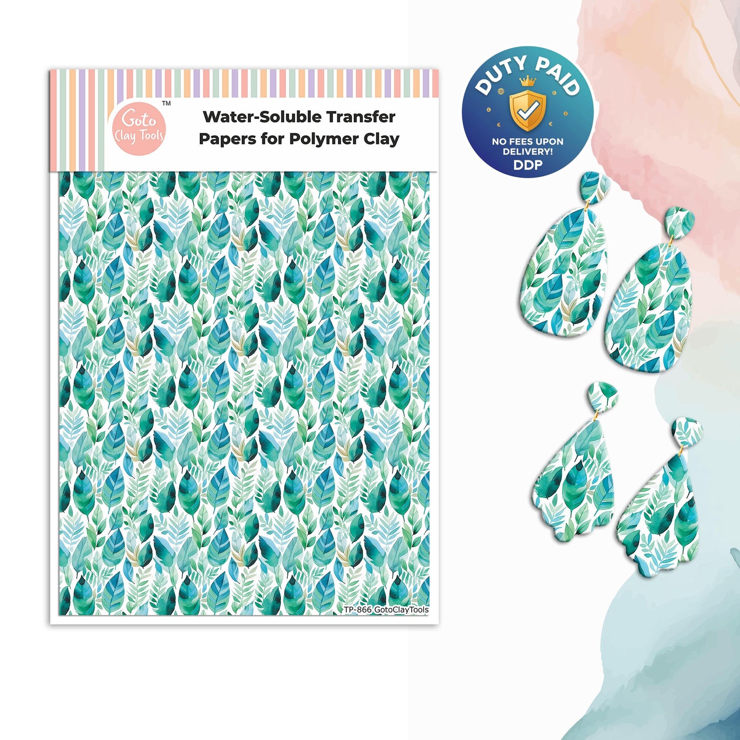 Watercolor Leaves Transfer Paper for Polymer Clay (4x5.5 inch) #866
