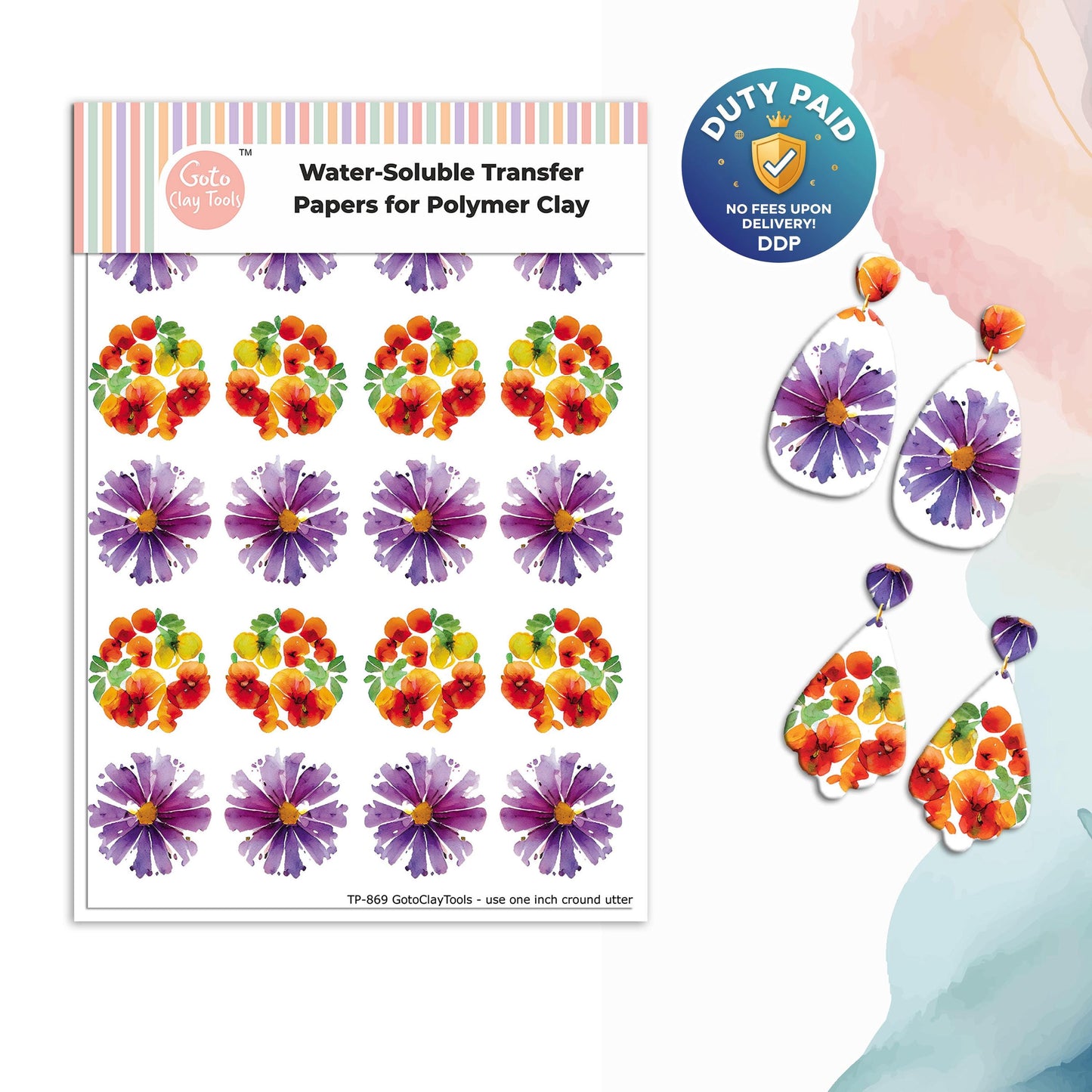 Watercolor Flowers Transfer Paper for Polymer Clay #869