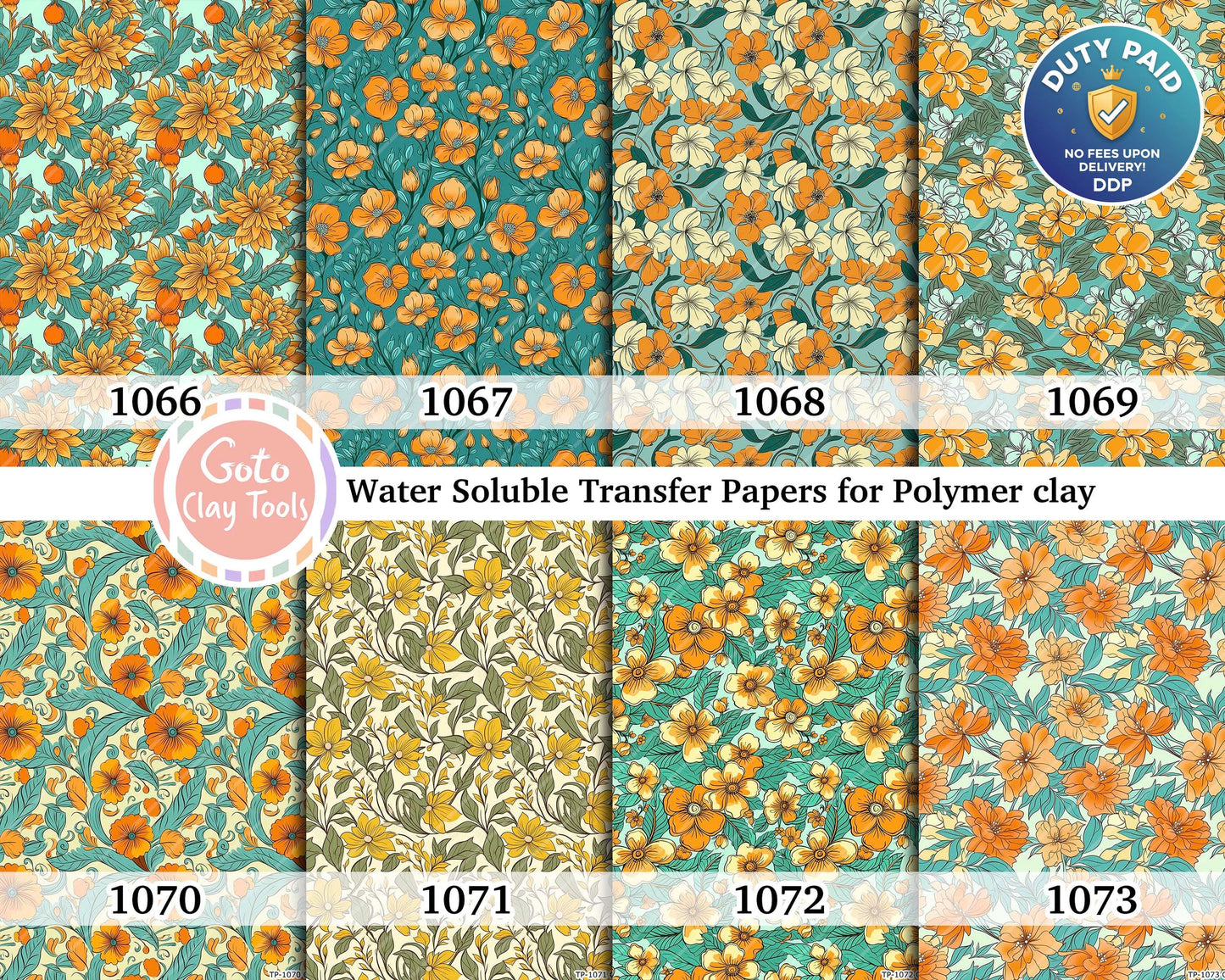 Floral Polymer Clay Transfer Paper: Orange & Yellow, Water Soluble