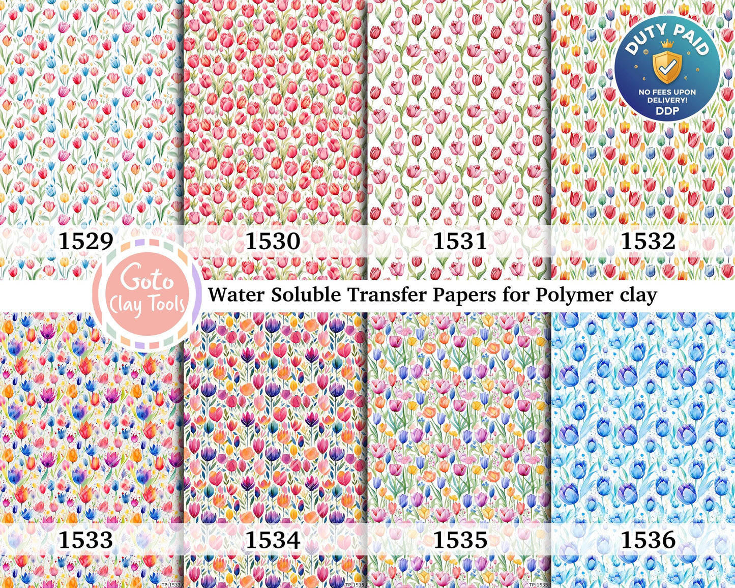 Watercolor Tulip Transfer Paper for Polymer Clay (4x5.5 inches)