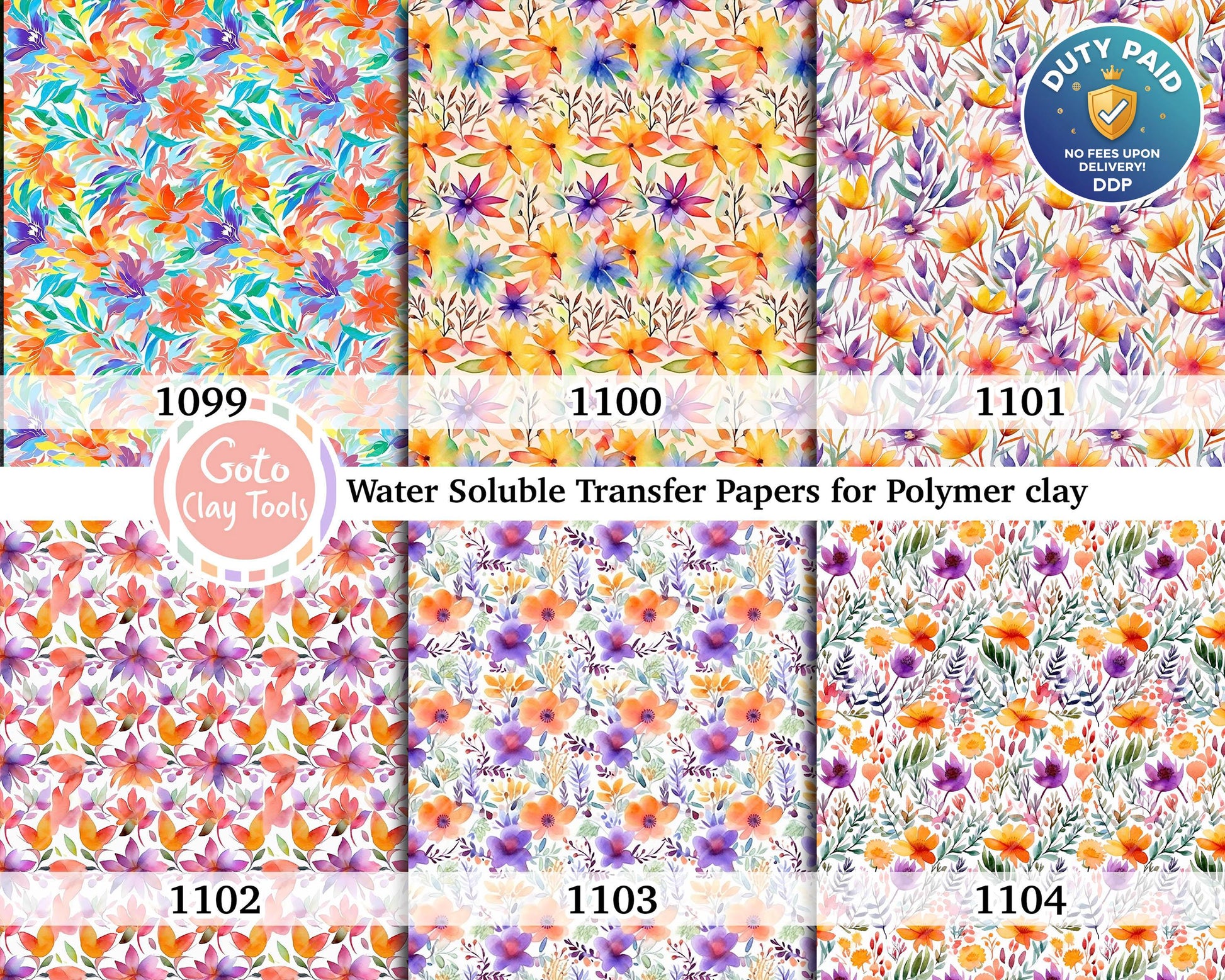 Watercolor Floral Transfer Paper for Polymer Clay (4x5.5 inch)