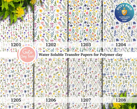 Water soluble Transfer paper for polymer clay, Colorful wildflowers watercolor patterns, polymer clay image transfers, magic transfer paper